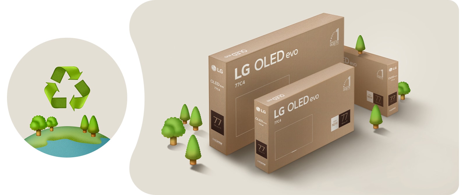 Embalaje de LG OLED sobre un fondo beige con árboles ilustrados.