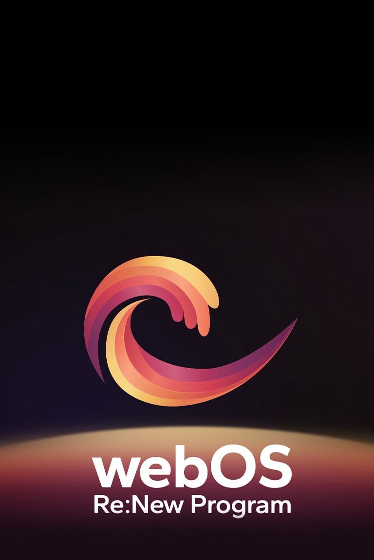 Imagen del logotipo de webOS Re:New Program está sobre un fondo negro con una esfera circular amarilla y naranja de color púrpura en la parte inferior.