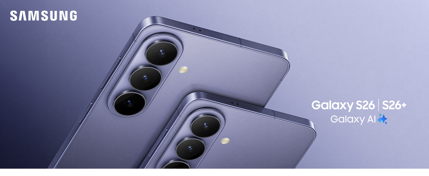 El texto dice «SAMSUNG». Smartphone de color azul que muestra múltiples vistas, destacando el sistema de doble cámara y un perfil de diseño elegante.